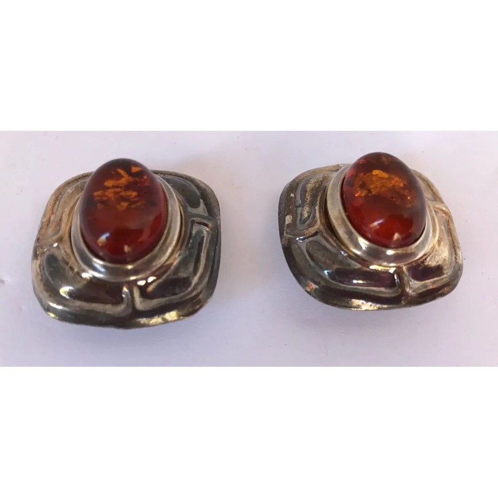 Earrings amber stone Studs Clip On‎ silver tone 1" retro vintage look